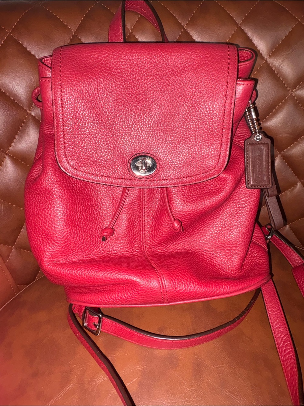Coach Pebbled Leather Drawstring Backpack in Raspberry - Picture 12 of 13